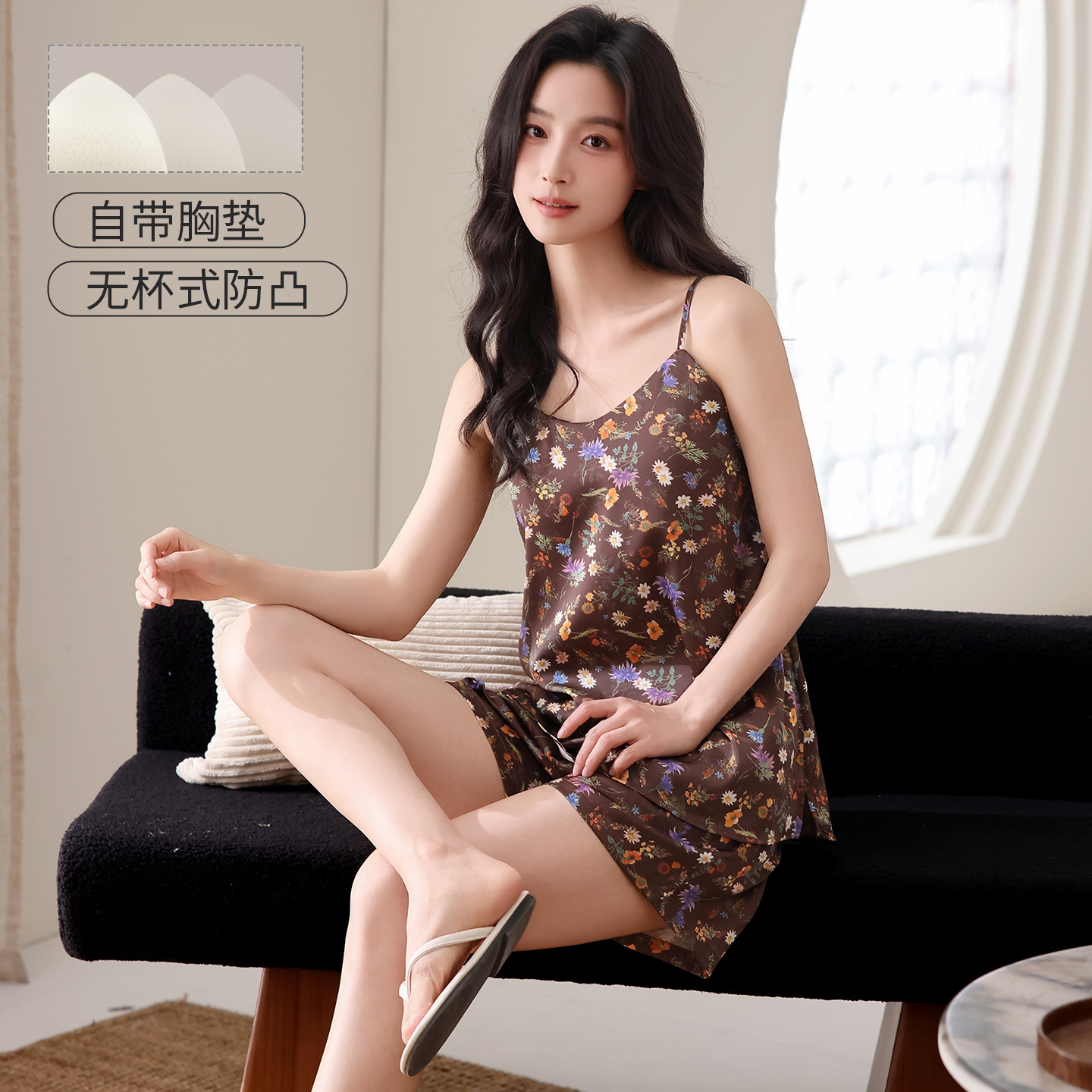 아이스 실크 끈 팬티 슬립 잠옷 여성용 여름 실크 실키 캐주얼 섹시 홈웨어 세트 (외출복으로도 가능)