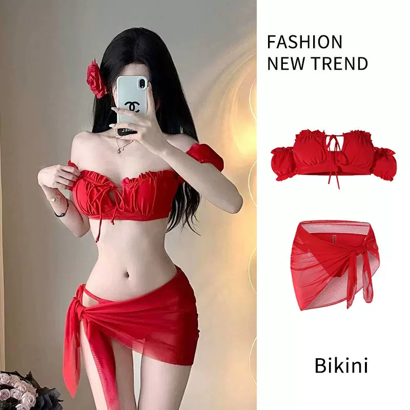 2024新款网红同款性感欧美风复古红色比基尼分体泳衣女有胸垫纯欲