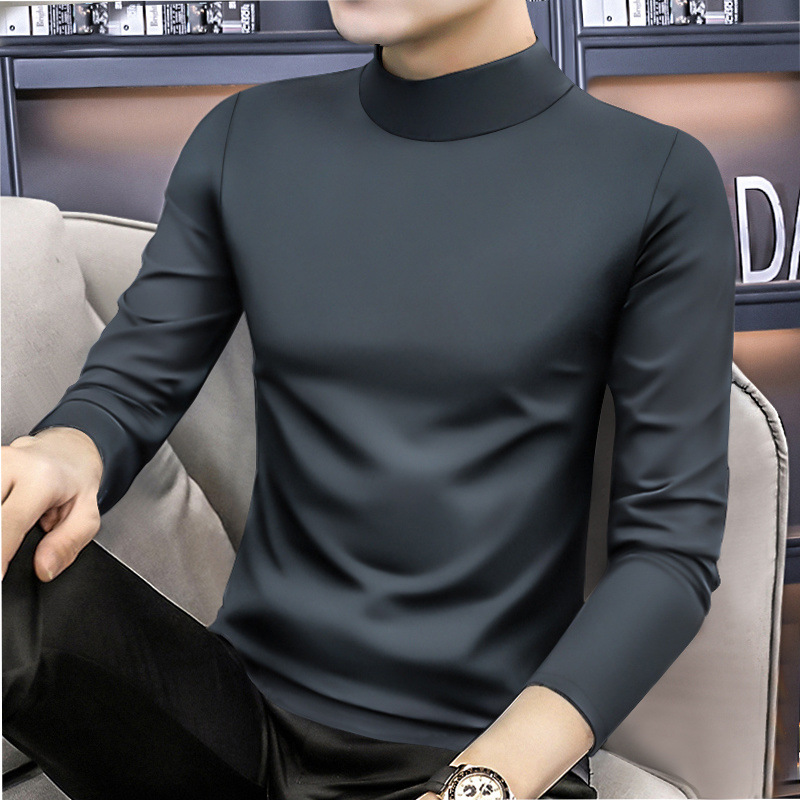 2024 새로운 남성 긴팔 티셔츠 가을과 겨울 세미 하이 칼라베이스 셔츠 기모 두꺼운 내부 남성복