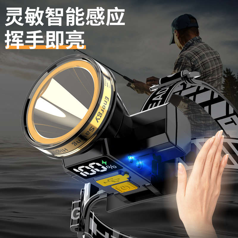 Pantalla eléctrica digital faro fuerte luz larga resistencia inducción faro al aire libre camping cabeza-montado linterna iluminación faro