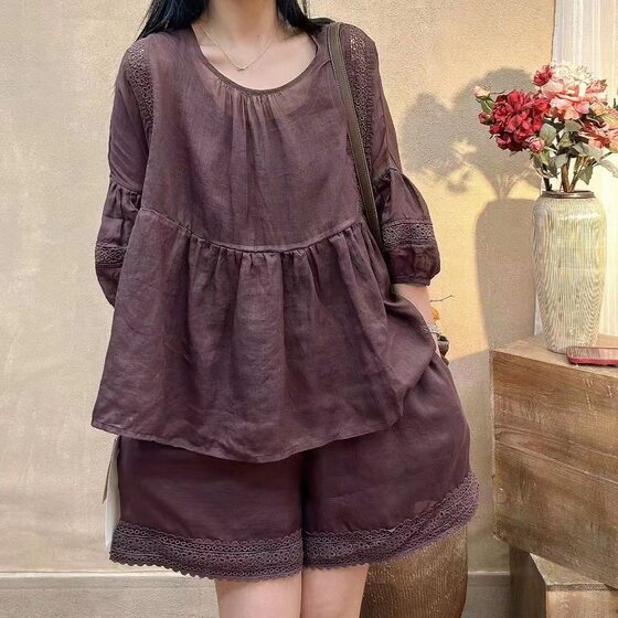 Summer Korean-style Loose Artistic Age-reducing Ramie Stitching Lace Casual suit Women's Round Neck Seven-sleeve T-shirt Shorts