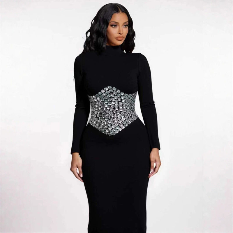 European and American Cross-Border New Style Waist-Cinching, Hip-Hugging, Luxurious Hand-Studded Long-Sleeve Bandage Dress with a Socialite Vibe, Evening Gown