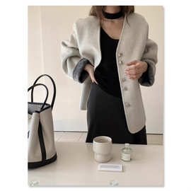 现韩系双面穿撞色V领高级感双面手缝羊毛大衣外套