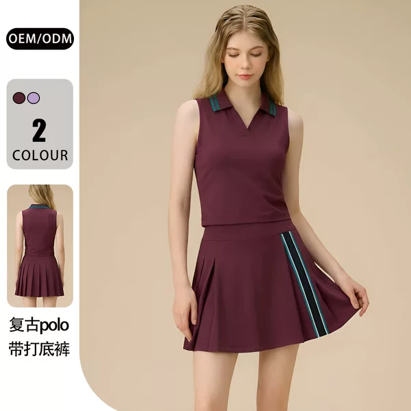 26 New Style Tennis Skirt Sports Suit for Women, Polo Collar, Contrasting Color, Anti-Exposure, Quick-Drying Badminton Golf Suit