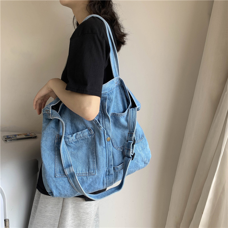 Retro Large Capacity Tote Shopping Bag Casual Denim Bag Academy Style Harajuku Canvas Shoulder Bag Crossbody Bag - Thumbnail 2
