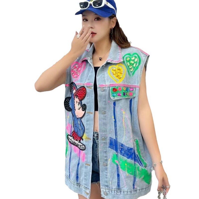 Marca de moda tailandesa 2024 primavera nueva industria pesada diamante clip de diseño esquinilla sensación de chaqueta de vaqueros sin mangas chaleco de mujer