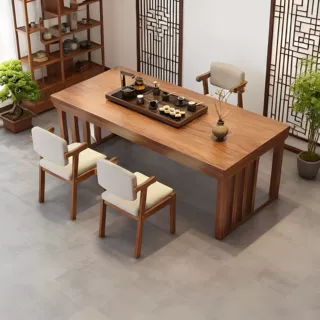 实木茶几新中式泡茶桌简约长方形茶台客厅大板桌胡桃色茶桌椅组合