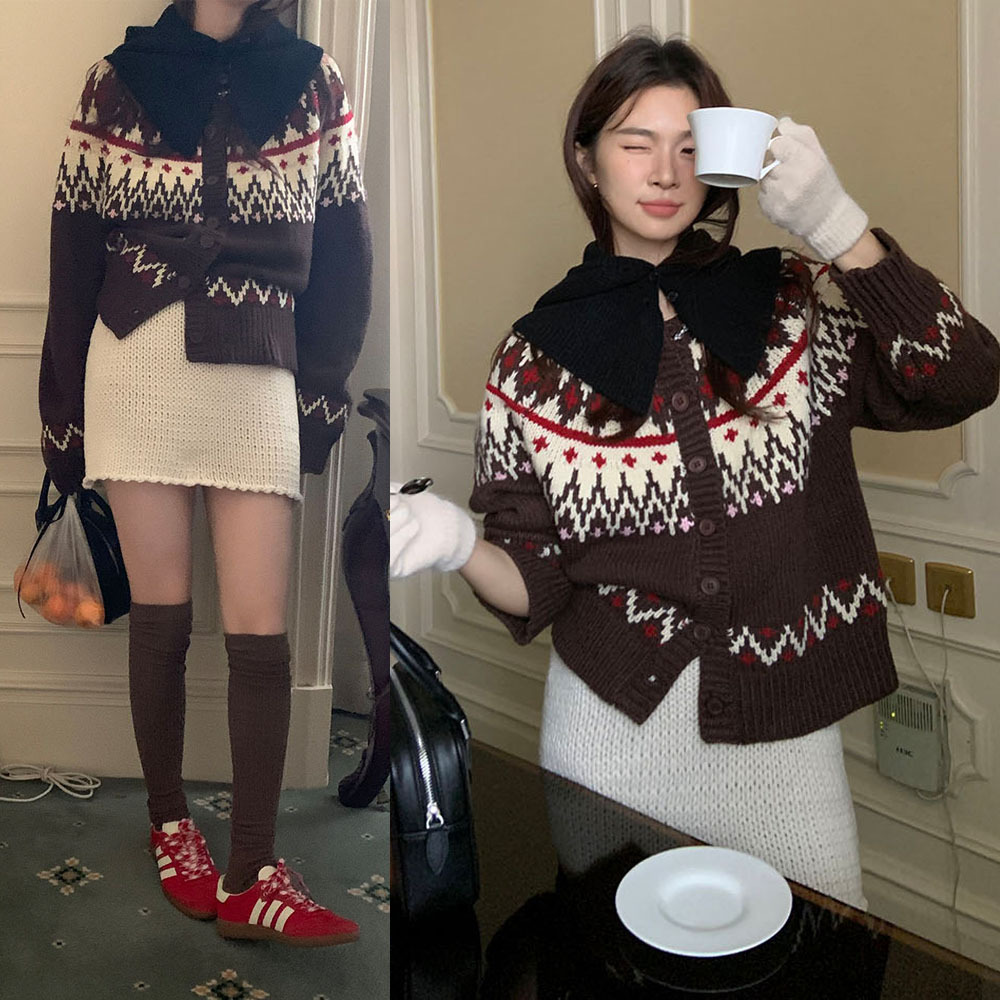 费尔岛复古美式少女撞色波普提花单排扣针织开衫厚实保暖毛衣外套