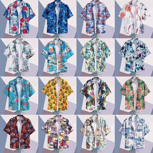 Summer Beach Floral Print Men's and Women's Thin Casual Shirts Ins Trend Hawaiian Harbor Style Loose Tie-Dye Short Sleeve Couple's Shirts