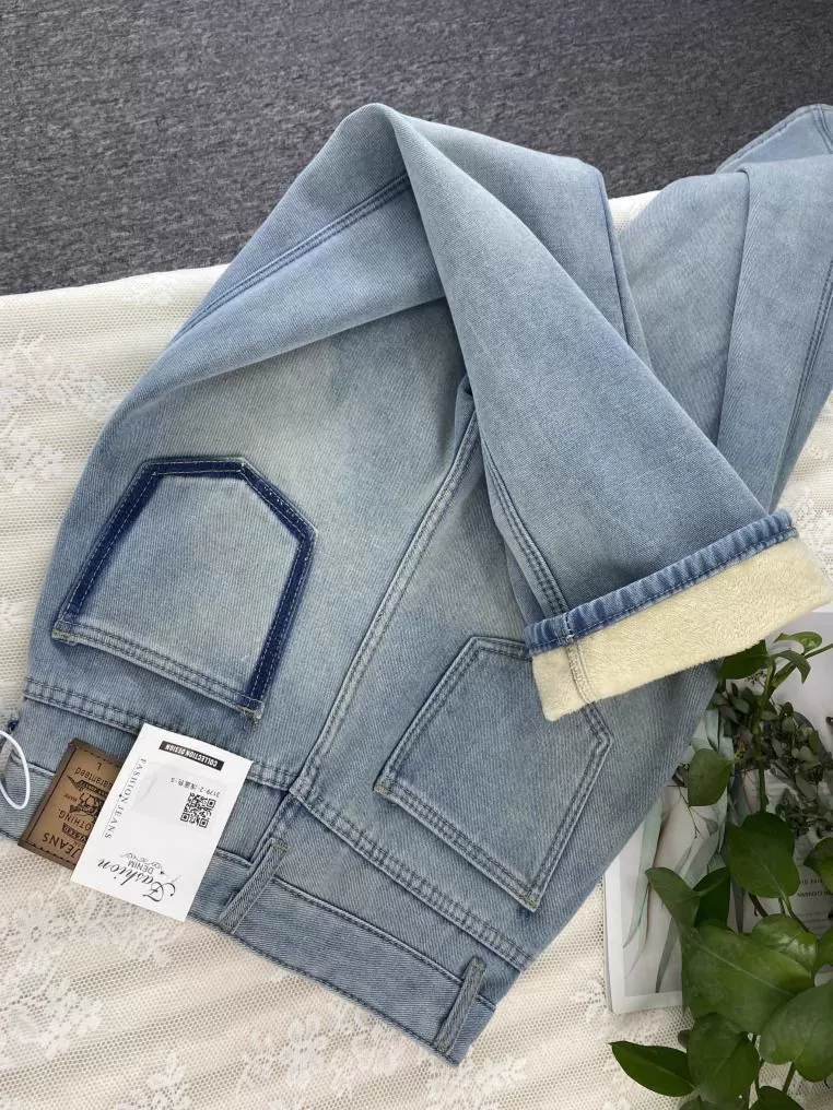 Держать тепло свободные прямые джинсы, синие брюки, высокая талия, свободный крой