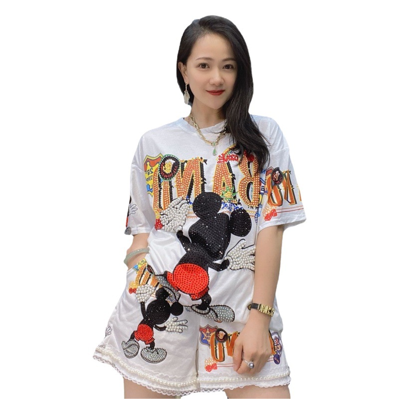 Conjunto de Camiseta y Pantalones Cortos de Talla Grande Set de 2 Piezas de Algodón con Estampado y Diamantes para Verano image 1