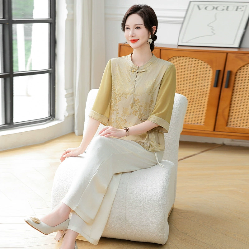 Материнская мама топ рубашка широкие брюки новый китайский стиль досуг летняя женская пряжка из двух частей