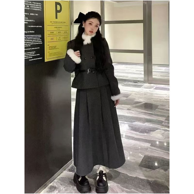 设计感绝美小套装财阀韩系千金毛领香风外套秋冬季高腰百褶半身裙|undefined