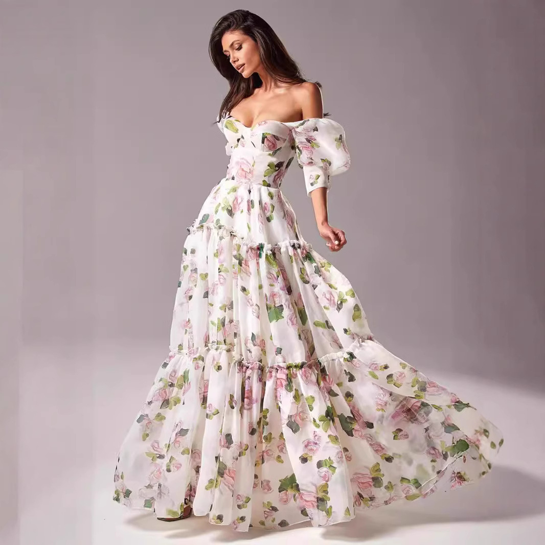 Europe and the United States cross-border new off-shoulder European and American women's fashion organza fairy long temperament evening dress dress