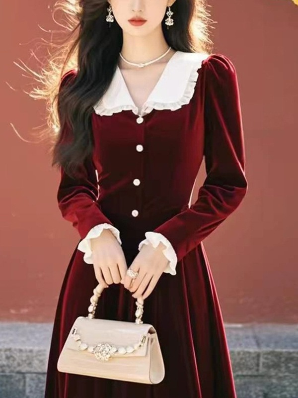 娃娃领金丝绒红色连衣裙女2025新款秋冬新款微胖掐腰裙a字中长裙|undefined