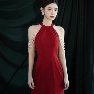 Halter Neck Toast Dress Bride 2025 New Accessible Luxury Niche Classy Wedding Engagement Red Evening Dress Skirt Women Summer