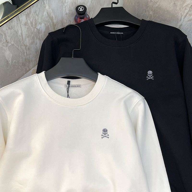 High-End Men's Sweatshirt Trendy Brand Solid Color Simple Skull Rhinestone Spring and Autumn Pure Cotton Top Base Shirt