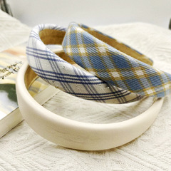 高顱頂2023百搭少女ins格子學院風洗臉復古新款藍系海綿發箍壓發