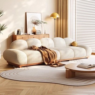 Japanese Style Log Straight Row Clouds Sofa Cherry Wooden Sofa Lamb Velvet Living Room Simple Modern Style Furniture for Three