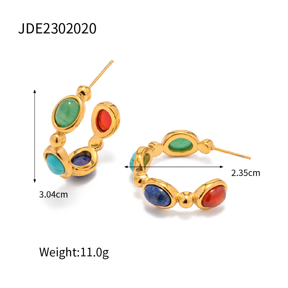 Europeo y americano ins Internet Celebrity 18K chapado en oro de acero inoxidable con incrustaciones de piedra natural en forma de C pendientes de acero inoxidable de moda pendientes de todos los partidos