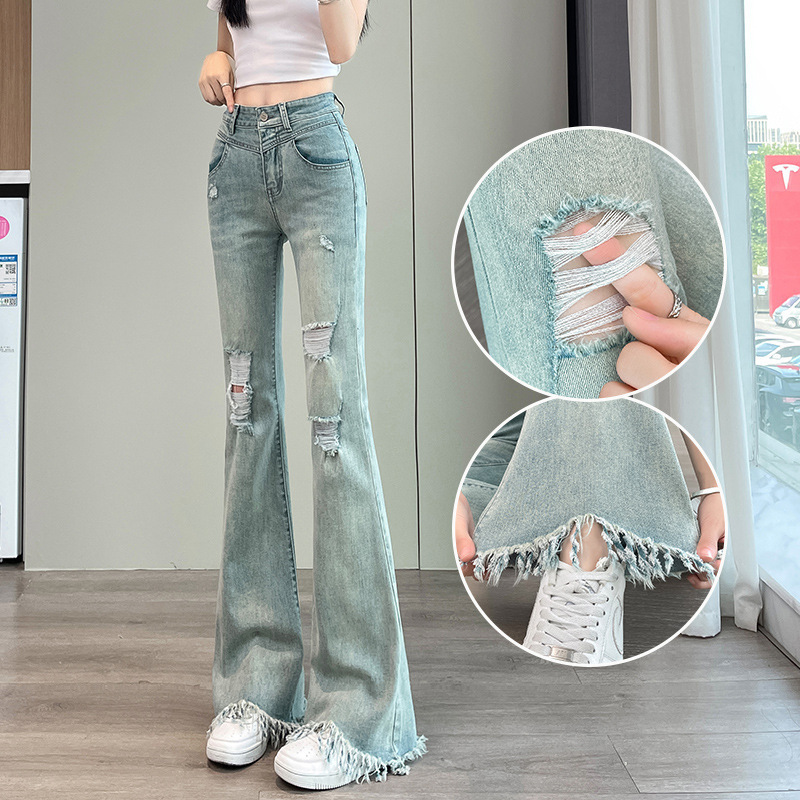 High-Waisted Flared Jeans with Raw Edges, New Style, Ripped, Slim Fit, Bootcut, Spring/Summer 2025, Slimming for Women