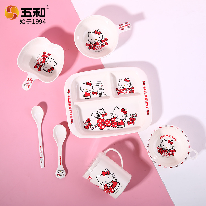 Wuhe rojo Kitty melamina cubiertos Sanrio auténtico anti-caída anti-escaldado creativo de dibujos animados para niños plato tazas de agua