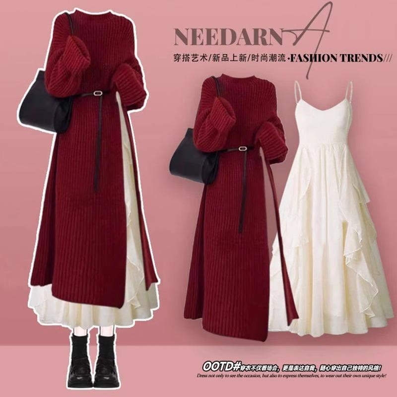 Suit [long sweater + suspender skirt]