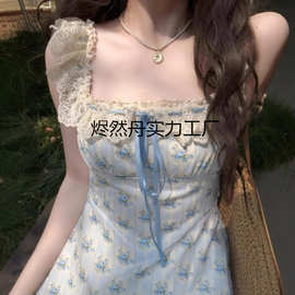 森系甜美温柔学院风新款蕾丝花边拼接碎花连衣裙女披肩两件套