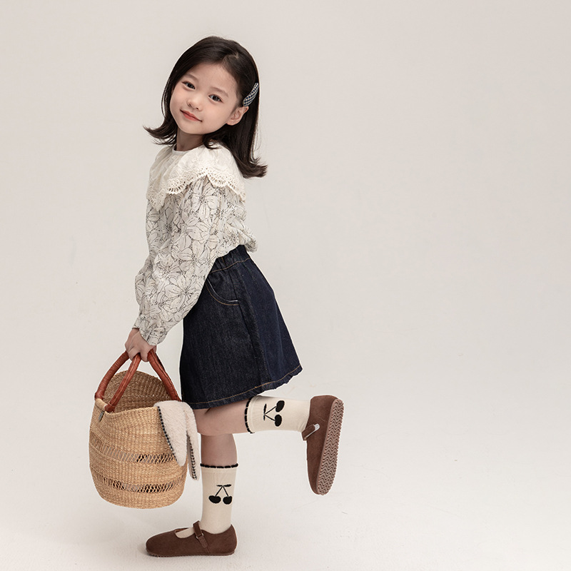 2023 otoño nuevas niñas retro estilo coreano completo impreso pequeña flor solapa muñeca camisa encaje collar camisa suelta