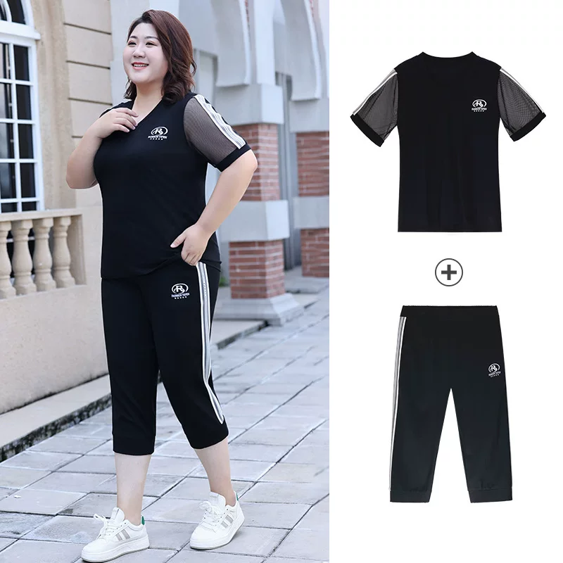 Летний комплект для отдыха, дышащие эластичные брюки, для женщин plus size, с коротким рукавом