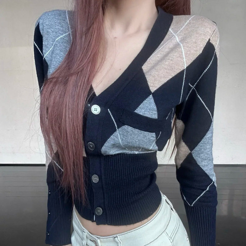 High Version Tb Preppy Style Button Diamond Color Matching Cardigan Wool Knitted Stripesd Women's V Neck Long-Sleeved Cardigan High Version Tb Preppy Style Button Diamond Color Matching Cardigan Wool Knitted Stripesd Women's V Neck Long-Sleeved Cardigan