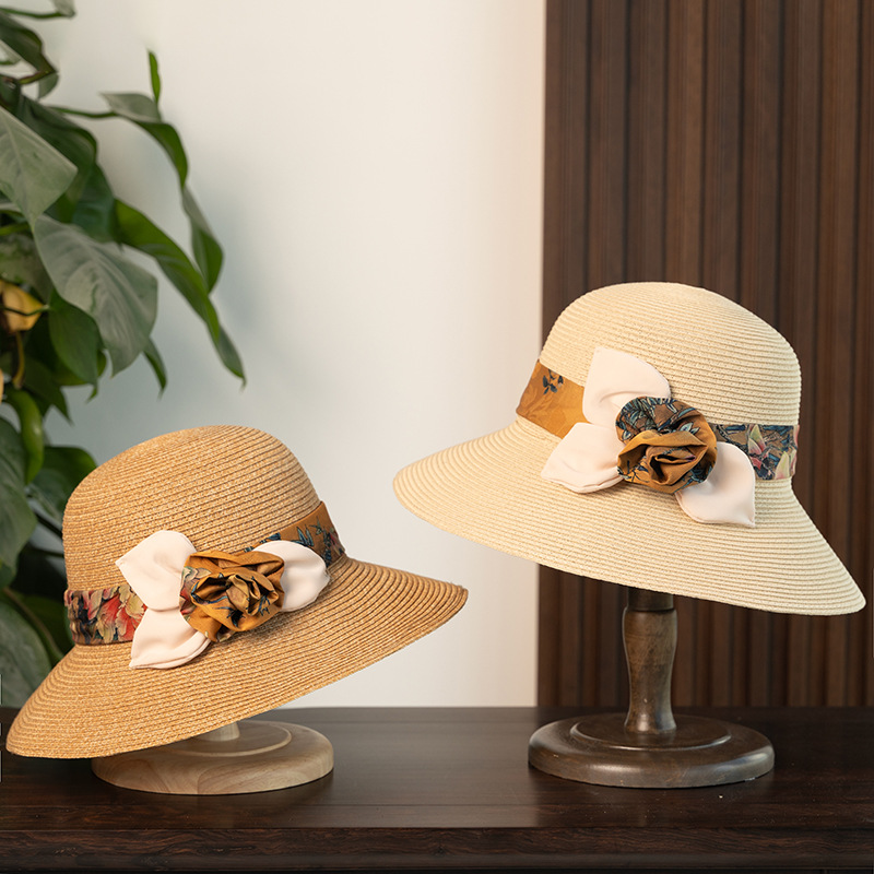 Floral Xiangyunsha Straw Hat For Women - Summer Wide Brim Sun Fisherman Hat, Foldable Beach Outdoor Luxury Style - Thumbnail 4