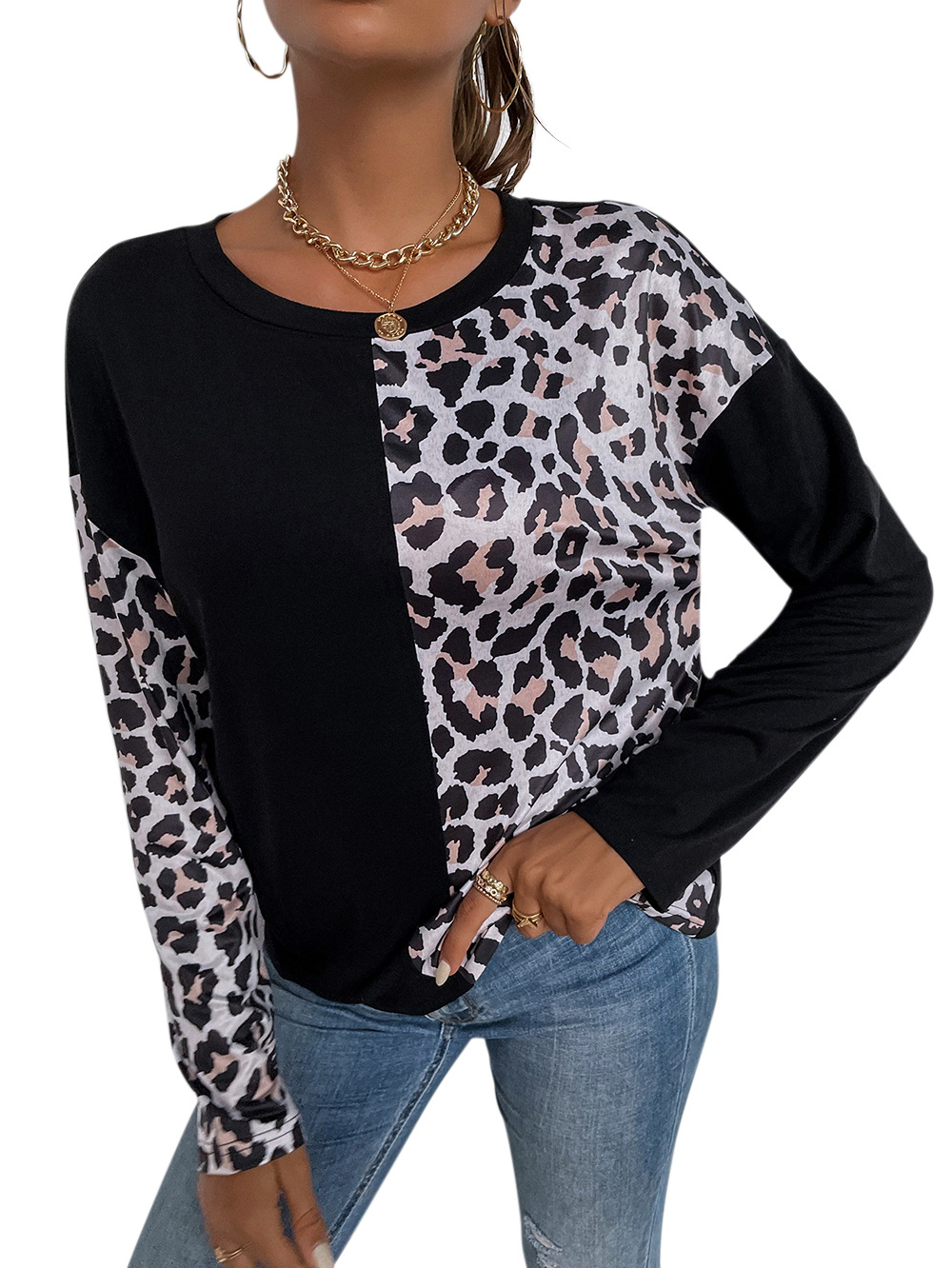 Stitching Leopard Print Round Neck Long-Sleeved Casual Loose T-Shirt NSDF73725