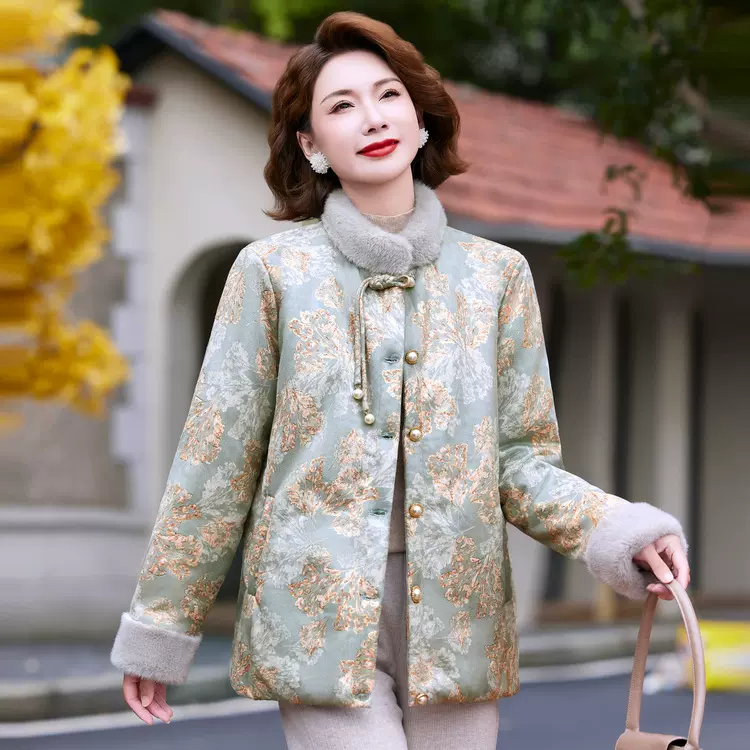 冬季中年妈妈装棉服新中式加绒加厚中老年女装棉衣立领宽松外套冬
