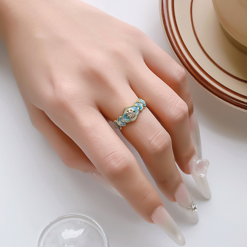 New Chinese-style Court Enamel Zircon Cloud Pattern Open Ring, Unique, Elegant, And Noble_voghion.com