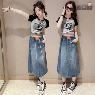Girls' Denim Skirt 2024 Summer New Korean Style Western Style Girls' Casual Denim Skirt Mid-length Children