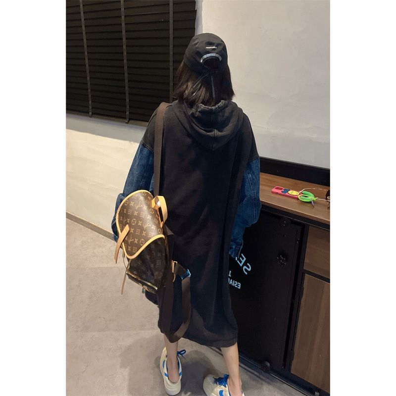 유럽 역 데님 후드 원피스 여성의 새로운 대형 지방 MM300 긴 원피스 덮는 진 느슨한 고기