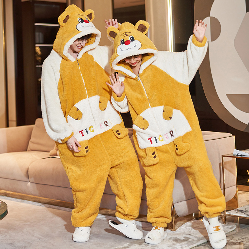 Invierno pareja pijamas de dibujos animados de las mujeres con capucha más el tamaño cálido estudiante ins estilo de una sola pieza desgaste del hogar 200kg usable