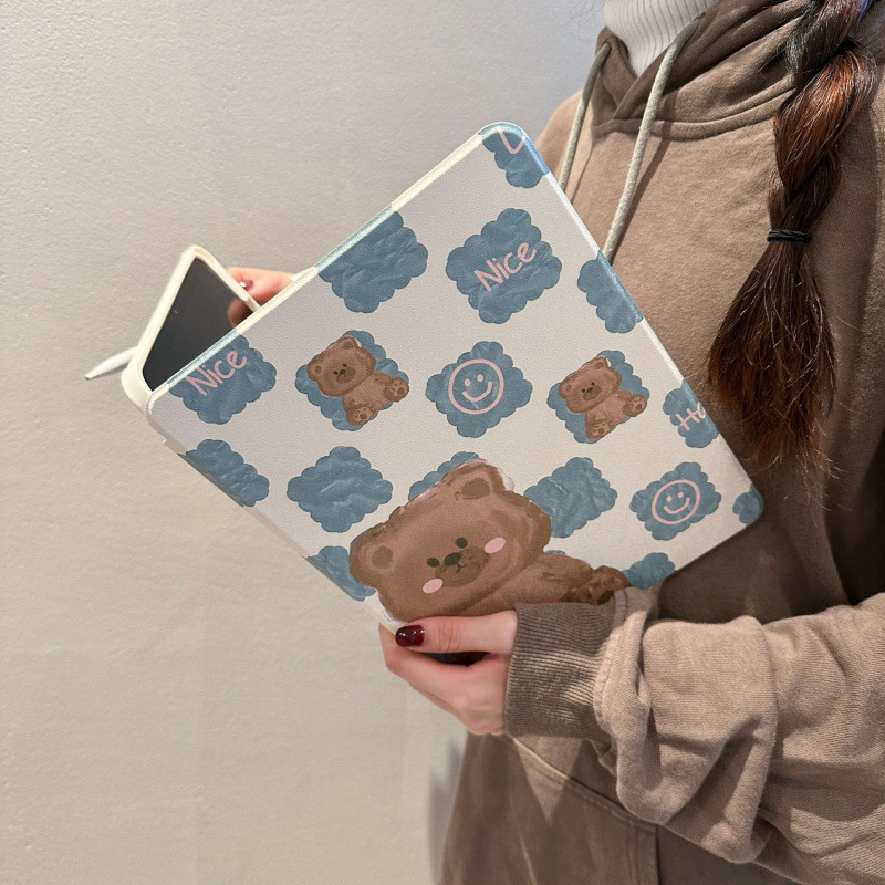Cute Grid Bear for iPadpro Flat Protective Cover Air with Pen Slot Mini Rotating Bracket 10 Generation Hard
