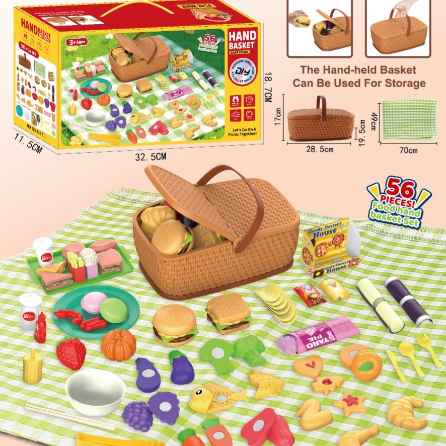 Simulación transfronteriza de papas fritas, hamburguesas fritas, alas de pollo fritas, paquete familiar de barril, juguetes de canasta de picnic familiar