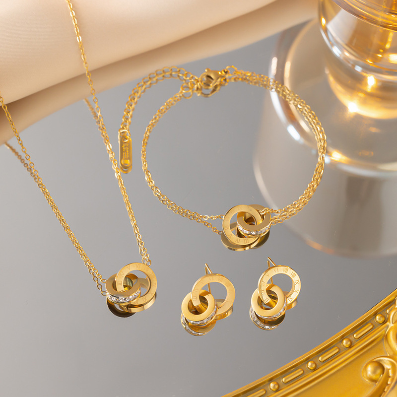 Japanese and Korean popular Roman digital double ring full diamond titanium steel necklace Women's Light luxury all-match clavicle chain net Red fashion three-piece set Japanese and Korean popular Roman digital double ring full diamond titanium steel necklace Women's Light luxury all-match clavicle chain net Red fashion three-piece set