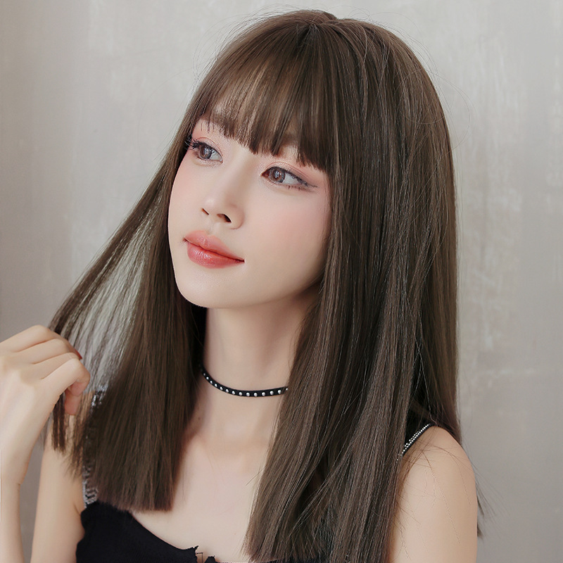 Wig women's medium and long hair air bangs black long straight invisible artificial wig set natural long straight hair full head set Wholesale Wig women's medium and long hair air bangs black long straight invisible artificial wig set natural long straight hair full head set Wholesale