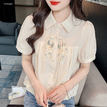 新中式国风刺绣短袖雪纺衬衫女士2024夏季新款盘扣polo衫气质上衣