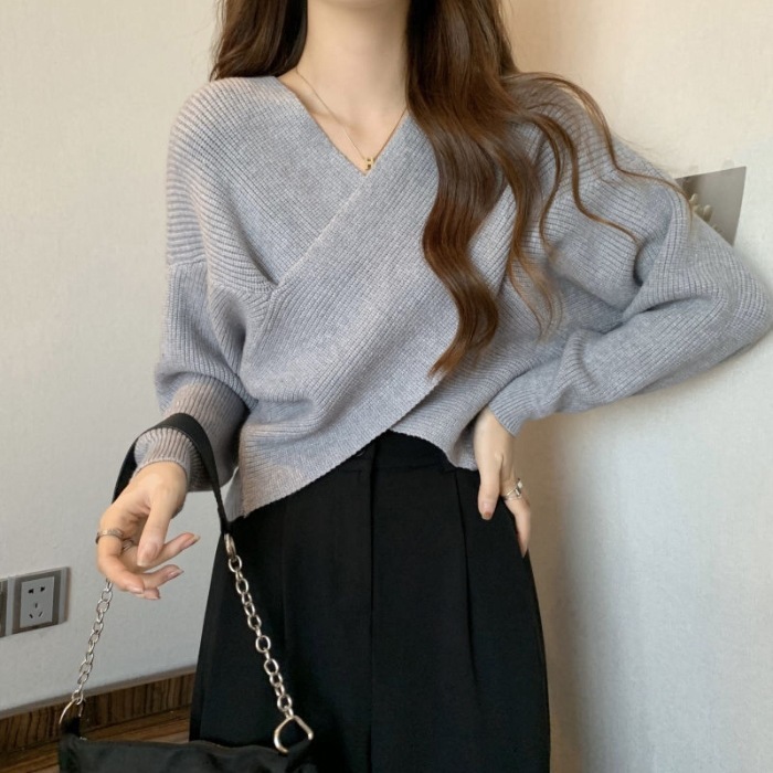 不规则交叉v领套头毛衣女秋冬内搭宽松慵懒短款针织衫上衣设计感|undefined