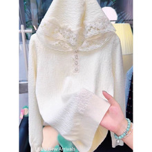 桑蚕丝连帽欧根烧花羊毛卫衣式针织衫130斤内孤品