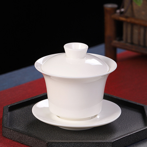 Cover bowl, Dehua white porcelain three talents cover bowl thin body ivory jade large cover tea bowl ceramic tea set tea brewing equipment wholesale