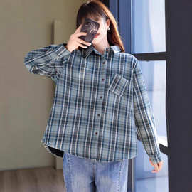 2025年秋冬季新款格子复合加绒衬衫宽松长袖大码百搭休闲大码女装