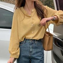 韩版显白黄色格子衬衫女2021早春立领宽松显瘦单排扣长袖衬衣