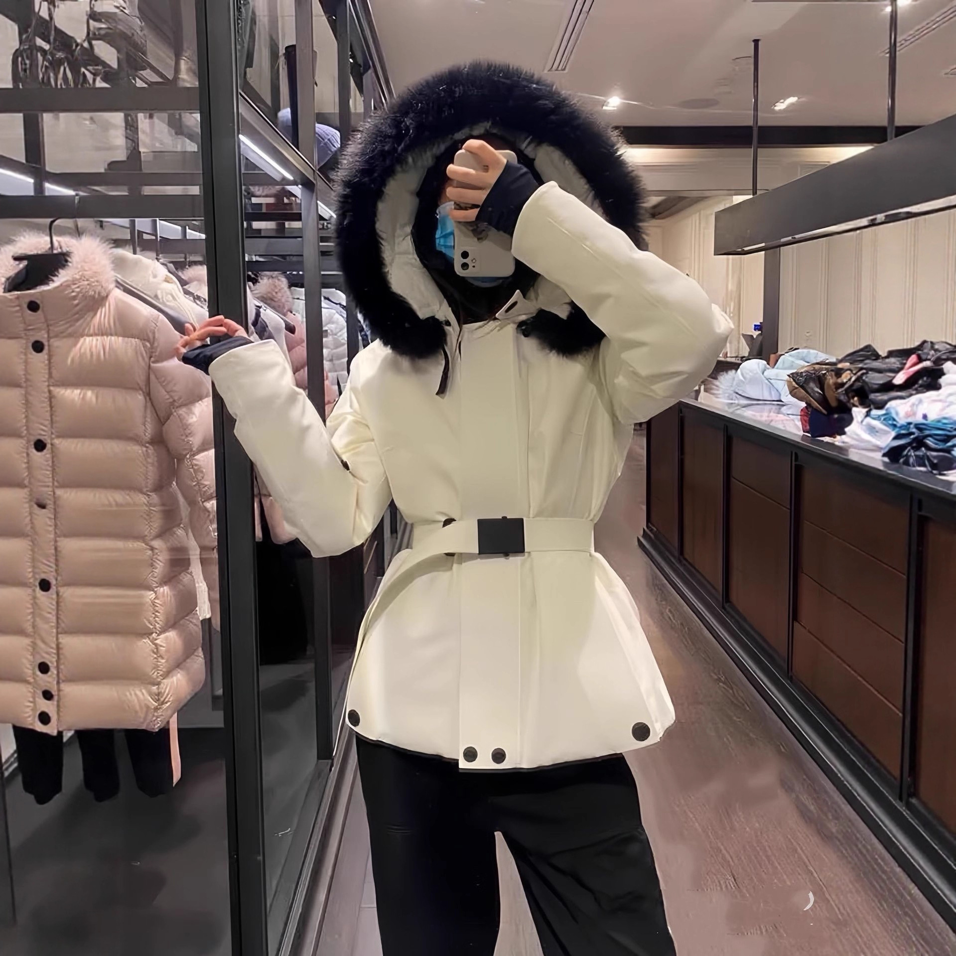 25 Autumn and Winter New Style Famon m Home down Jacket Women's Ski Wear Fox Fur Collar 90 Goose down Waist Slim Black Label Trend