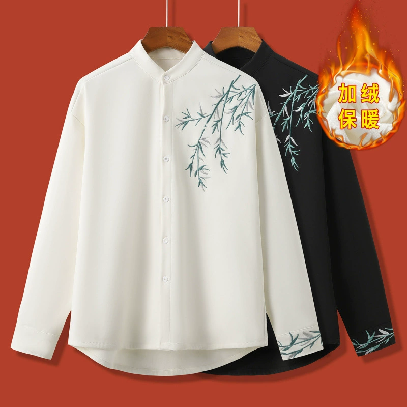 Реальная стрельба Национальный стиль Элементы зеленого бамбука вышитые плюшевые толстые рубашки с длинными рукавами топ эластические брюки Мужской костюм 5803